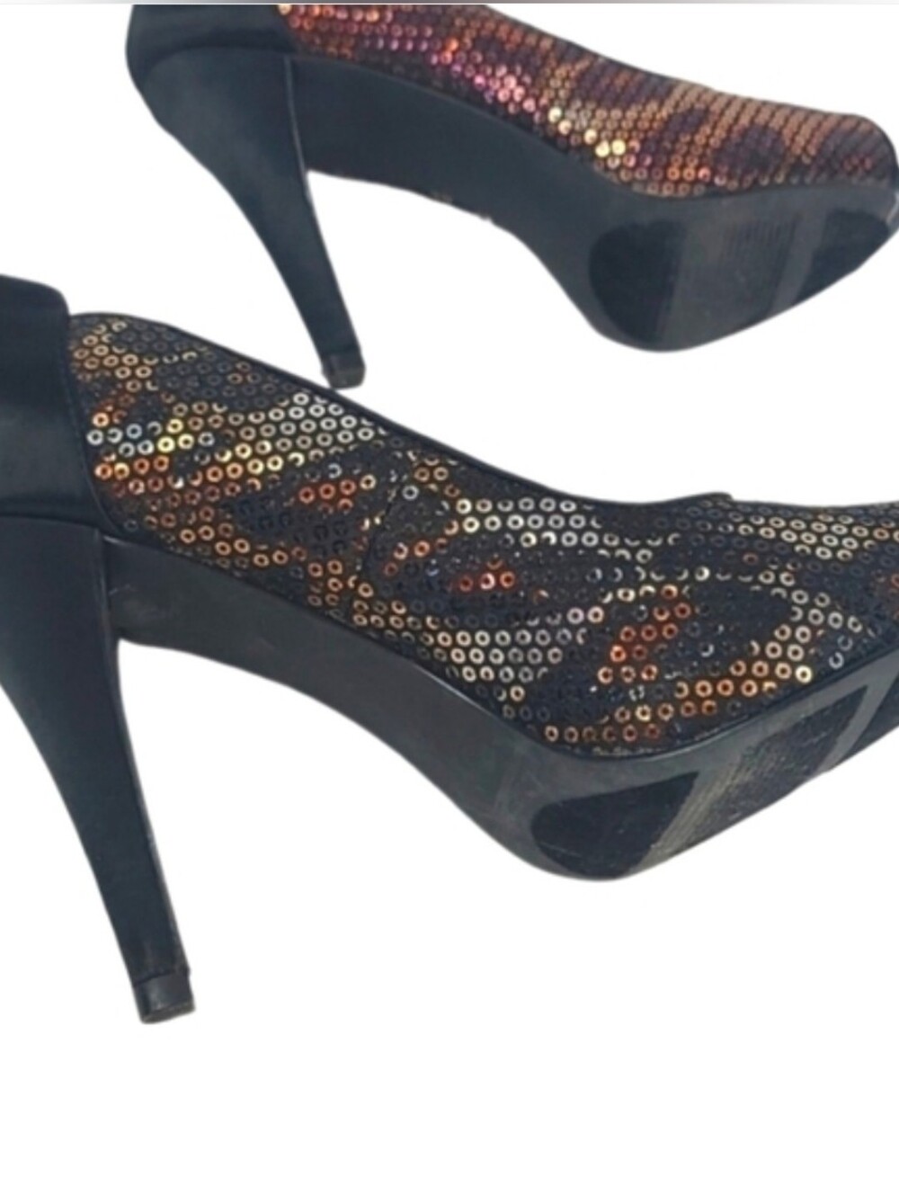 Leopard Gold Bronze Satin Black Peep Toe Stiletto High Heel Shoes, Size 5 - Picture 8 of 9